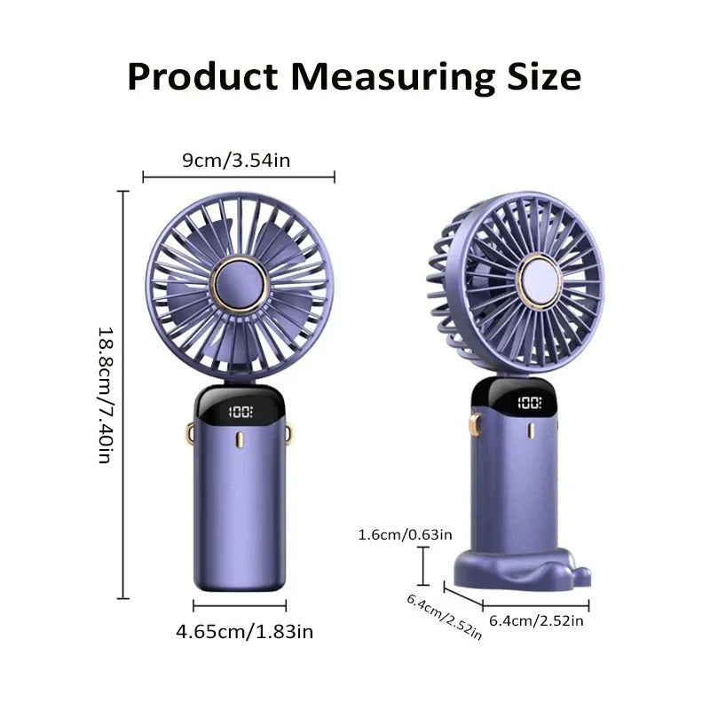 Ventilador Portátil Recargable USB 1800mAh | 5 Velocidades, Pantalla LED, Soporte para Celular y Colgante para Cuello