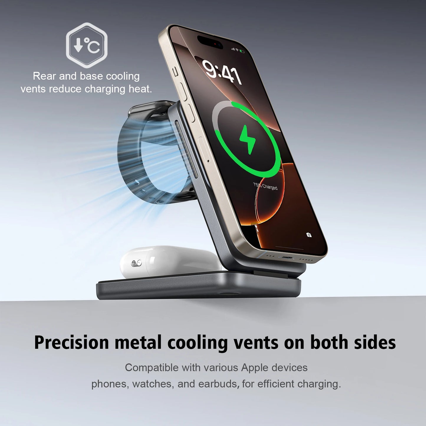 Cargador Inalámbrico 3 en 1 Plegable – iPhone 17-13, Apple Watch, AirPods Pro con Luz Nocturna