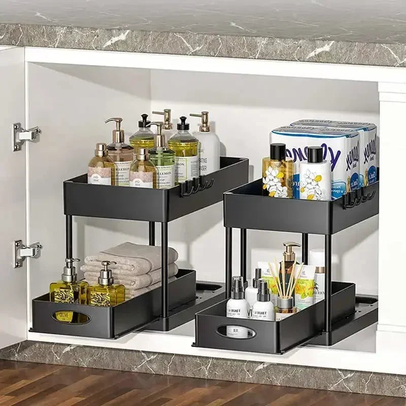 Organizador Bajo la Pileta 2 Niveles Deslizante con Ganchos y Vaso Colgante – Cocina y Baño