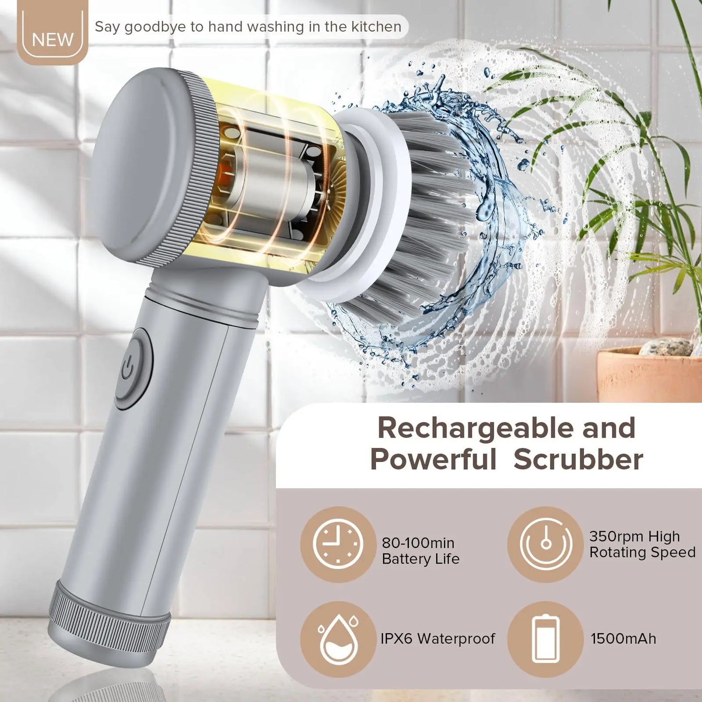 Cepillo Mágico Inalámbrico Giratorio Recargable con 5 Cabezales para Limpieza Profunda de Baño, Cocina y Juntas