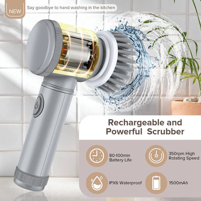 Cepillo Mágico Inalámbrico Giratorio Recargable con 5 Cabezales para Limpieza Profunda de Baño, Cocina y Juntas