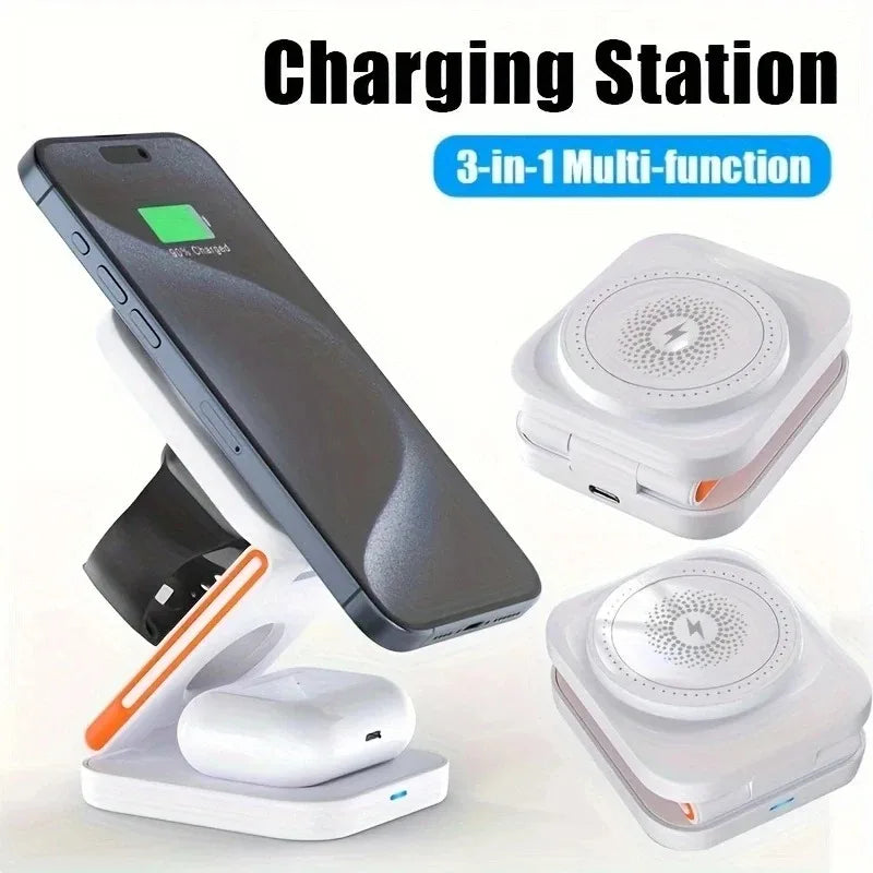 Estación de Carga Inalámbrica 3 en 1 – iPhone 12-17 Pro, Apple Watch y AirPods con Adaptador