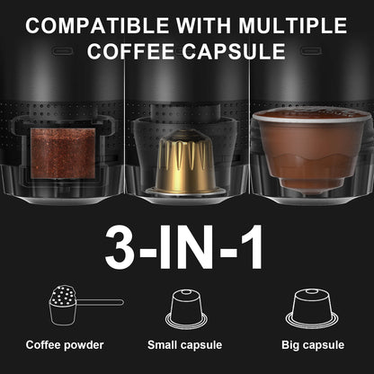Cafetera Espresso Portátil Inalámbrica 3 en 1 para Cápsulas y Café Molido | Ideal para Auto, Hogar y Camping