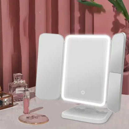 Espejo de Maquillaje Trifold LED con Aumento 3X – Luz Tricolor y Base Organizadora