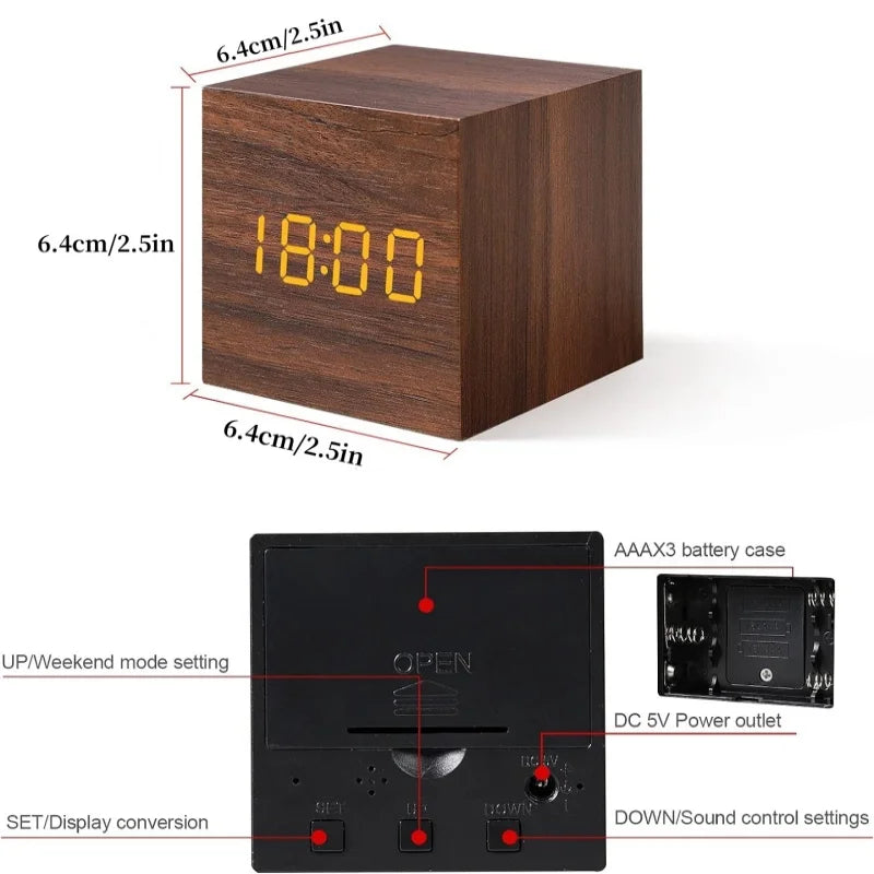 Reloj Despertador Digital de Madera con Control de Voz – Temperatura, 3 Alarmas, USB, Formato 12/24H