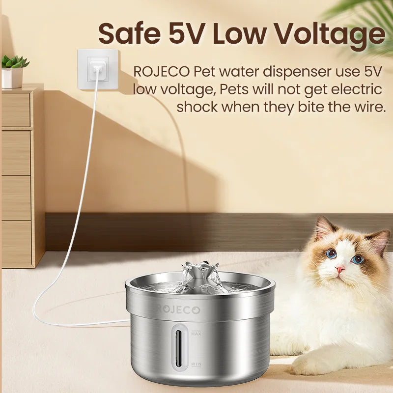 Fuente de Agua Automática para Mascotas ROJECO de Acero Inoxidable – Dispensador Inteligente para Gatos y Perros