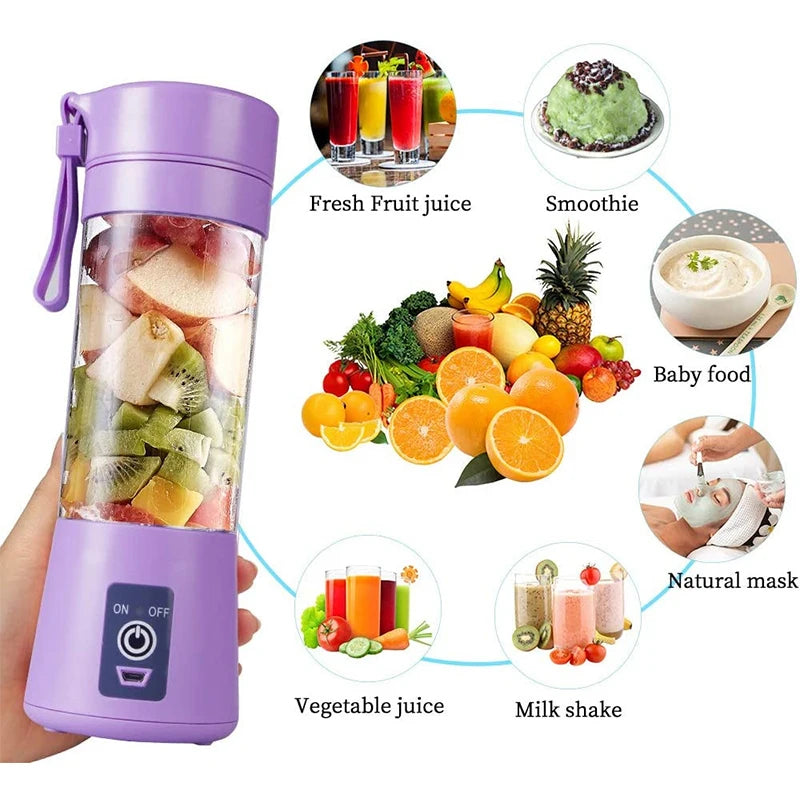 Licuadora Portátil Recargable por USB de 380 ml con 6 Cuchillas para Jugos, Batidos y Smoothies