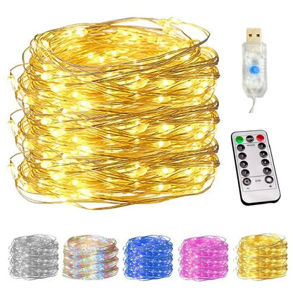 Luces LED de Cobre 100/200 LEDs con Control Remoto – 8 Modos, USB, Decoración Navideña