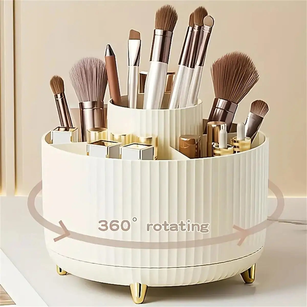 Organizador de Maquillaje Giratorio 360° en Plástico con 5 Compartimentos – Porta Pinceles Multifuncional