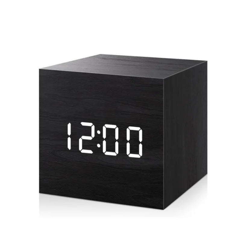 Reloj Despertador Digital de Madera con Control de Voz – Temperatura, 3 Alarmas, USB, Formato 12/24H