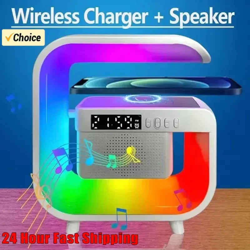 Cargador Inalámbrico Multifunción con Altavoz Bluetooth 5.0 – FM, RGB y Luz Nocturna para iPhone y Samsung