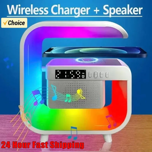 Cargador Inalámbrico Multifunción con Altavoz Bluetooth 5.0 – FM, RGB y Luz Nocturna para iPhone y Samsung