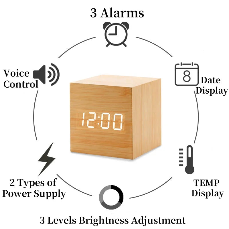 Reloj Despertador Digital de Madera con Control de Voz – Temperatura, 3 Alarmas, USB, Formato 12/24H