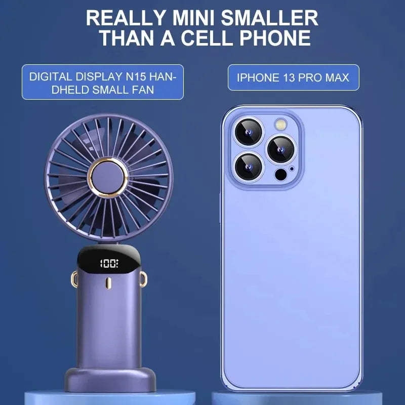 Ventilador Portátil Recargable USB 1800mAh | 5 Velocidades, Pantalla LED, Soporte para Celular y Colgante para Cuello