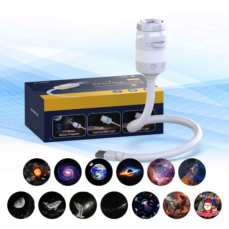 Proyector Galaxy 2 en 1 USB – Rotación 360° LED Multicolor para Dormitorio