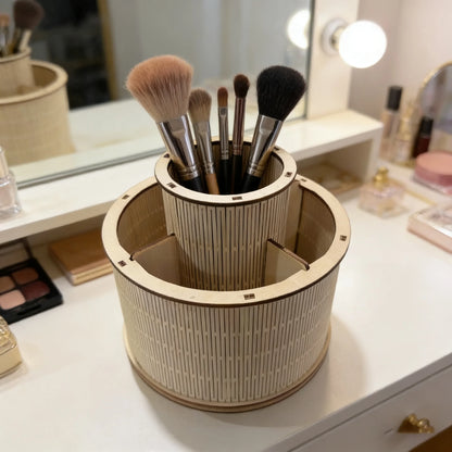 Organizador de Maquillaje Giratorio 3D de Madera – Caja Rotatoria para Pinceles y Cosméticos