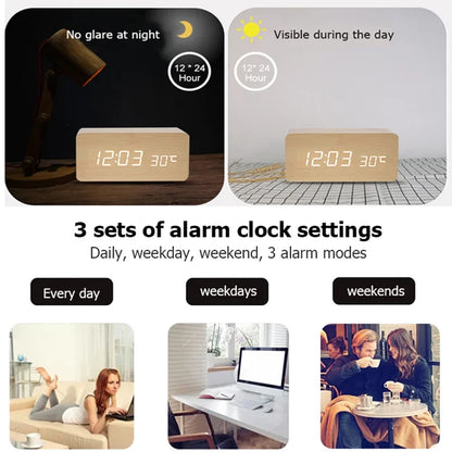 Reloj Despertador Digital de Madera con Temperatura – Para Oficina y Mesita de Noche