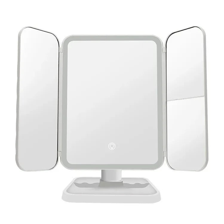 Espejo de Maquillaje Trifold LED con Aumento 3X – Luz Tricolor y Base Organizadora