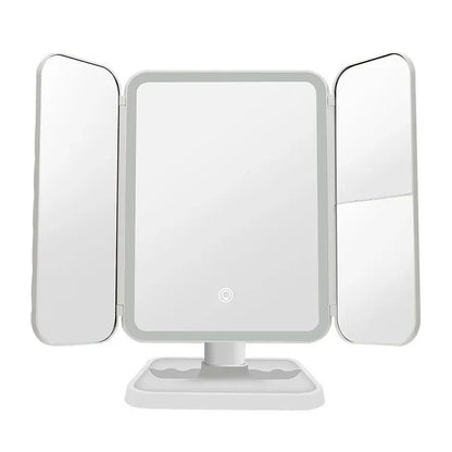 Espejo de Maquillaje Trifold LED con Aumento 3X – Luz Tricolor y Base Organizadora