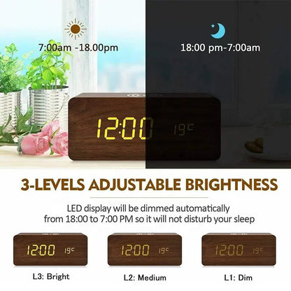Reloj Despertador Digital de Madera con Carga Inalámbrica – Hora, Fecha, Temperatura para Oficina y Mesita