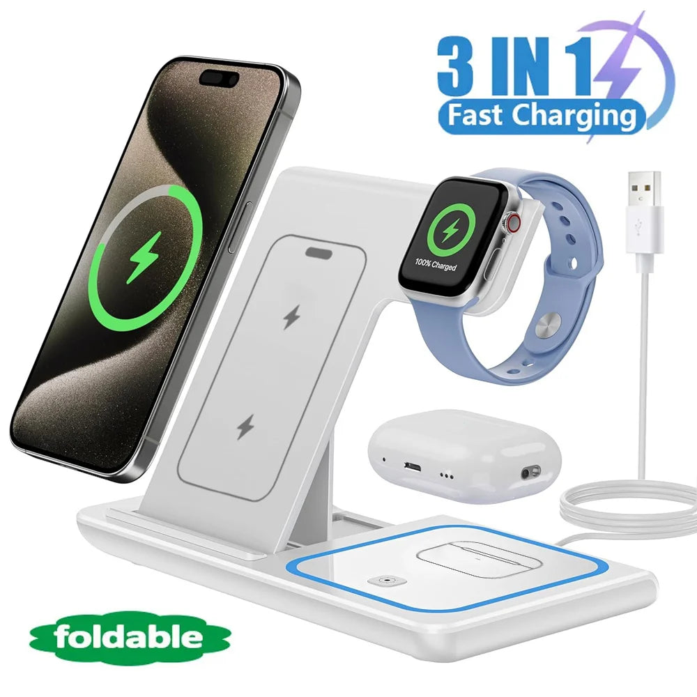 Cargador Inalámbrico LED 3 en 1 Plegable – Estación de Carga para iPhone 17-14, Apple Watch y AirPods