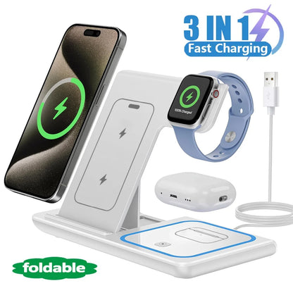 Cargador Inalámbrico LED 3 en 1 Plegable – Estación de Carga para iPhone 17-14, Apple Watch y AirPods