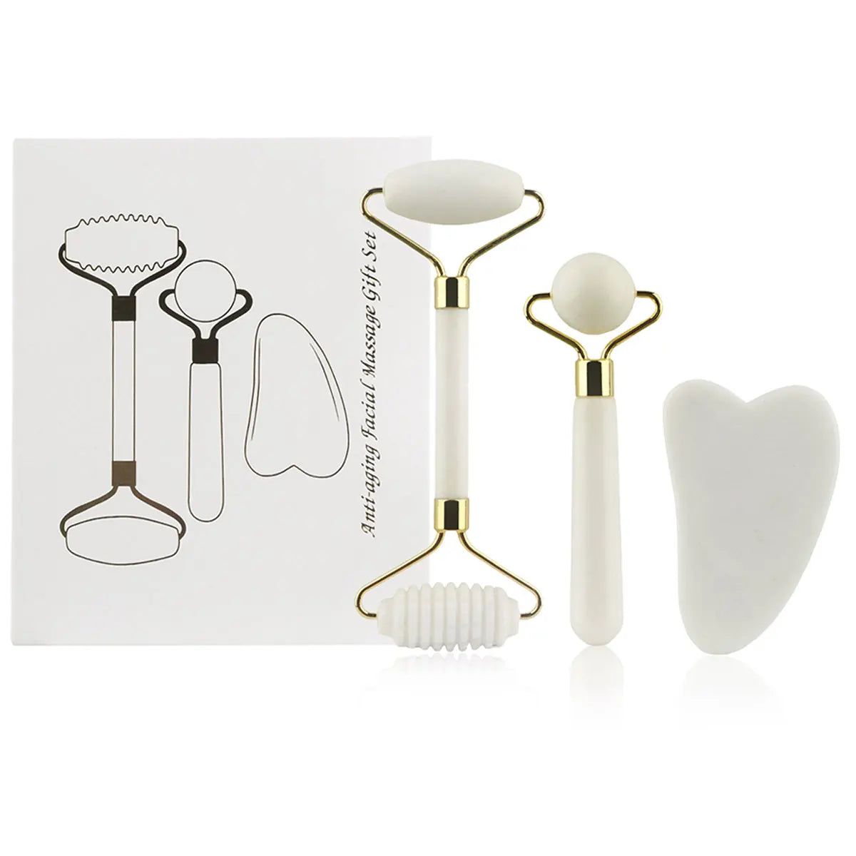 Kit 3 en 1 Rodillo de Jade + Gua Sha – Masajeador Facial para Ojos, Cuello y Rostro