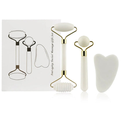 Kit 3 en 1 Rodillo de Jade + Gua Sha – Masajeador Facial para Ojos, Cuello y Rostro