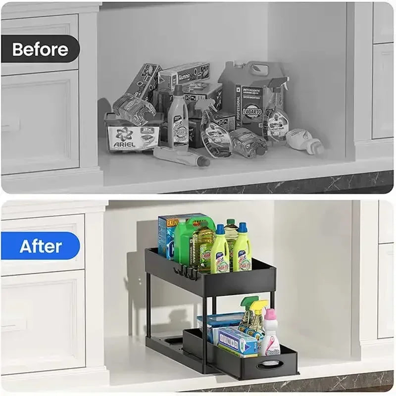 Organizador Bajo la Pileta 2 Niveles Deslizante con Ganchos y Vaso Colgante – Cocina y Baño