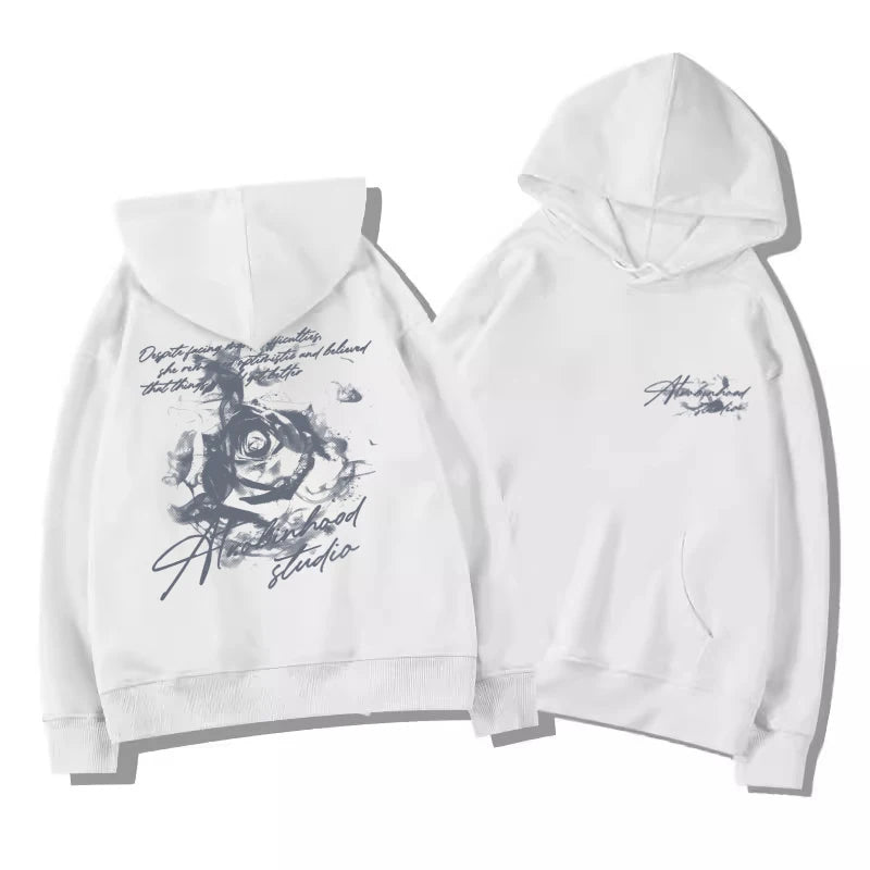 Hoodie con Estampado de Rosas y Letras – Moda Urbana Casual Unisex