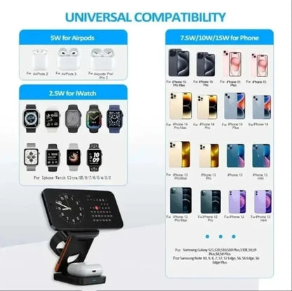 Estación de Carga Inalámbrica 3 en 1 – iPhone 12-17 Pro, Apple Watch y AirPods con Adaptador