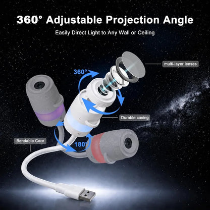 Proyector Galaxy 2 en 1 USB – Rotación 360° LED Multicolor para Dormitorio