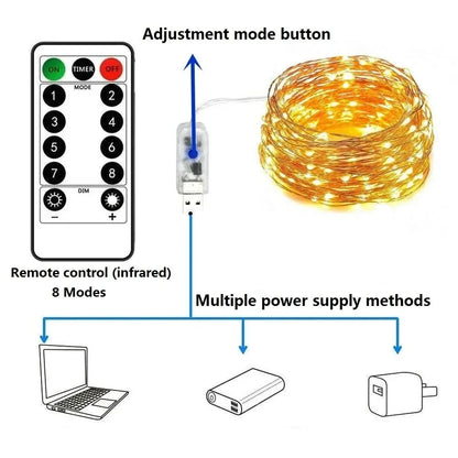 Luces LED de Cobre 100/200 LEDs con Control Remoto – 8 Modos, USB, Decoración Navideña