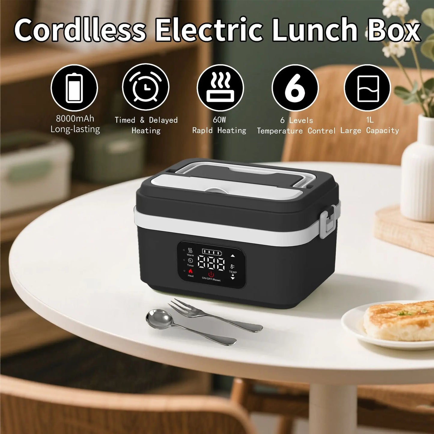 Vianda Eléctrica Portátil 8000mAh con Conservación de Calor Inteligente – Para Viajes y Oficina