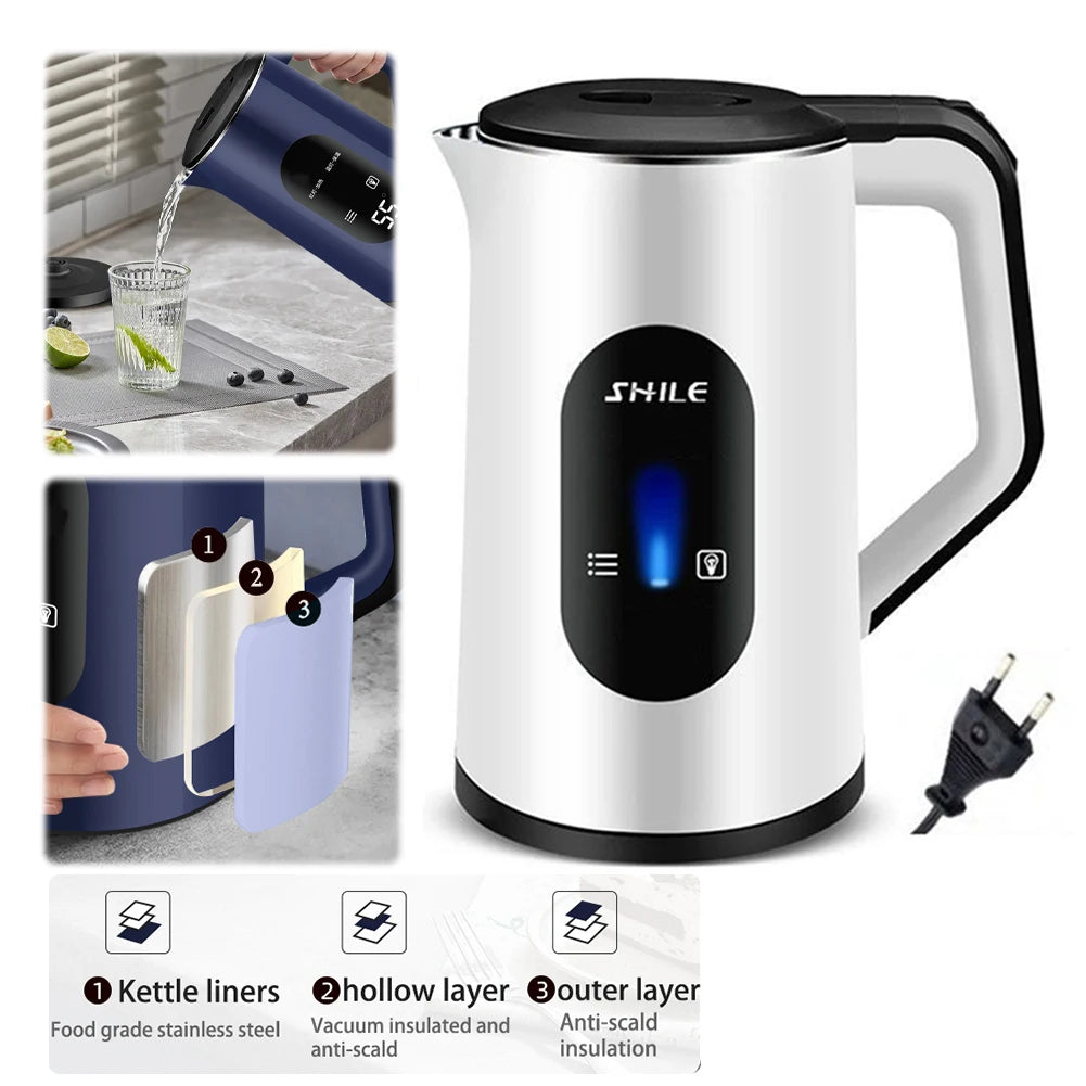Jarra Eléctrica de Acero Inoxidable de 2.2L con Pantalla Digital, Apagado Automático y Hervido Rápido de 1500W