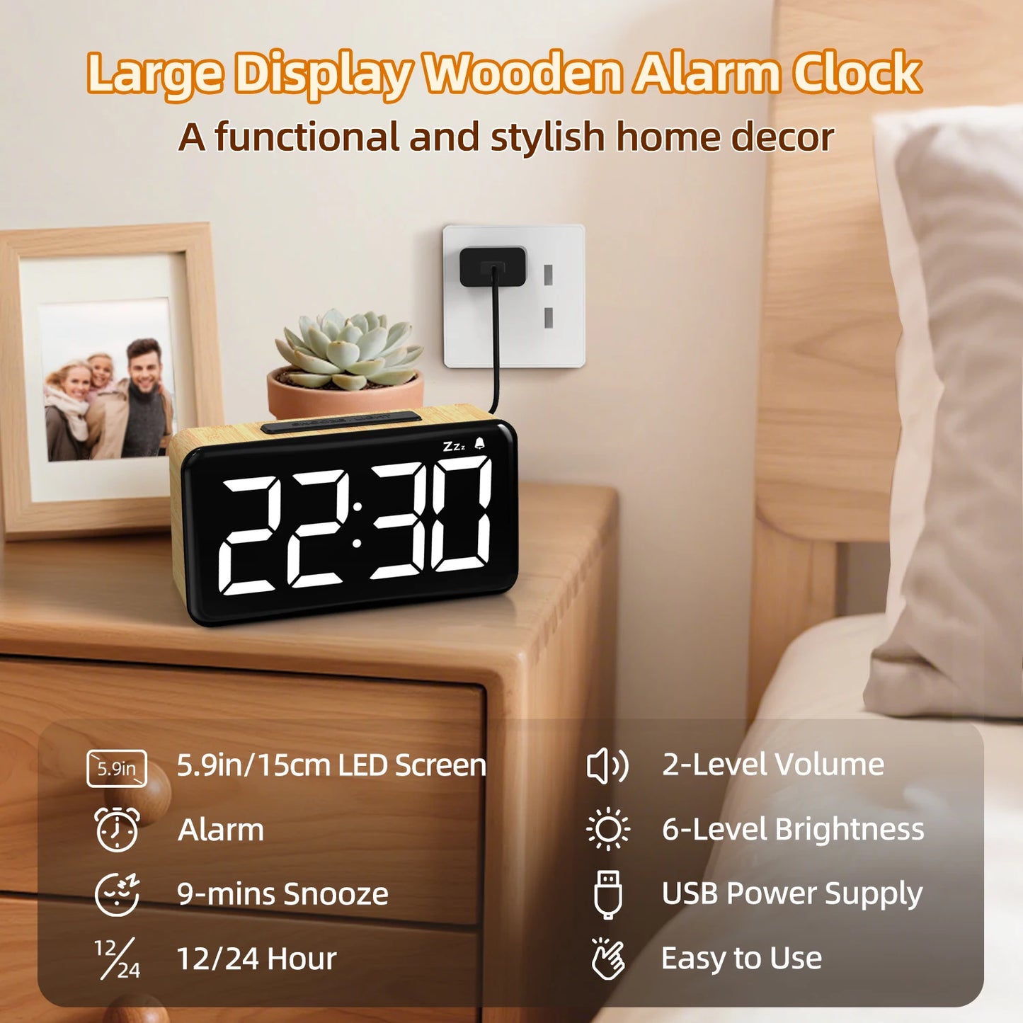 Reloj Despertador Digital LED con Carga USB y Brillo Ajustable – Formato 12/24H para Hogar y Oficina