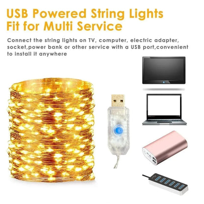 Luces LED de Cobre 100/200 LEDs con Control Remoto – 8 Modos, USB, Decoración Navideña