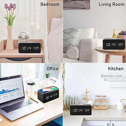 Reloj Despertador Digital de Madera con Carga Inalámbrica – Hora, Fecha, Temperatura para Oficina y Mesita