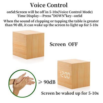 Reloj Despertador Digital de Madera con Control de Voz – Temperatura, 3 Alarmas, USB, Formato 12/24H