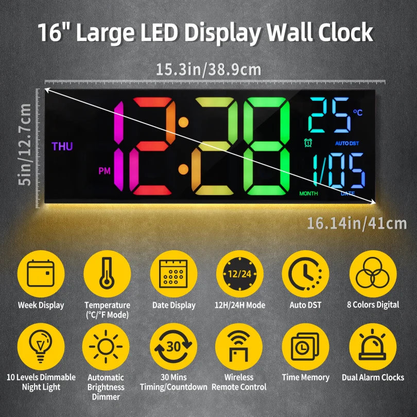 Reloj Digital LED de Pared 16" con Control Remoto, Alarma y Temperatura
