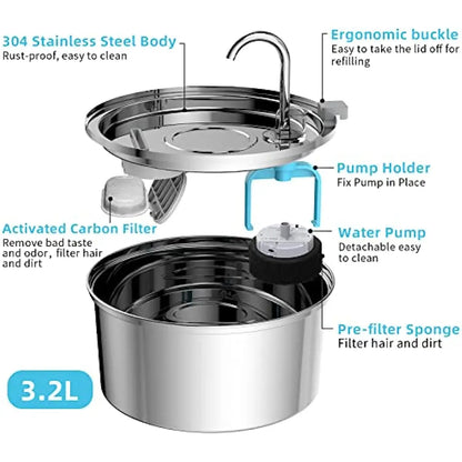 Fuente de Agua para Mascotas de Acero Inoxidable con Bomba USB Ultrasilenciosa – Gatos y Perros