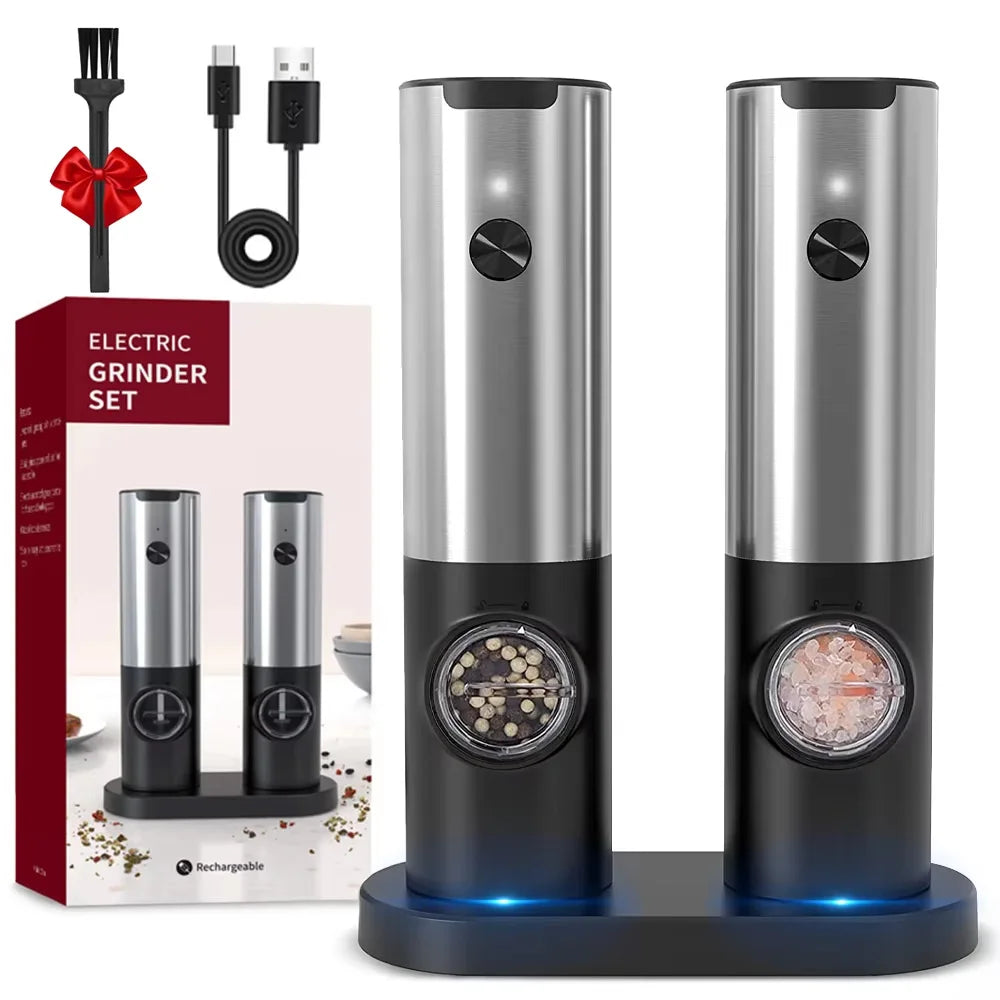 Set de Molinillos Eléctricos de Sal y Pimienta con Luz LED y Carga USB – Grosor Ajustable