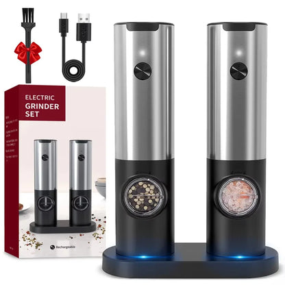 Set de Molinillos Eléctricos de Sal y Pimienta con Luz LED y Carga USB – Grosor Ajustable