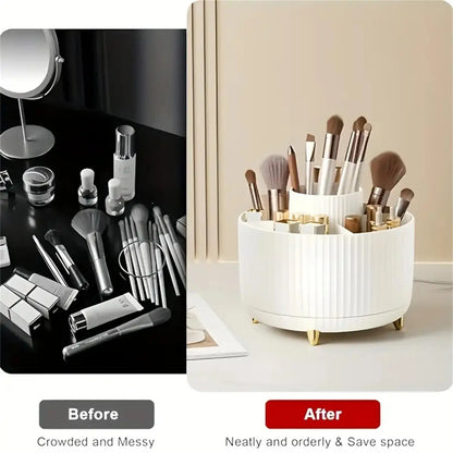 Organizador de Maquillaje Giratorio 360° en Plástico con 5 Compartimentos – Porta Pinceles Multifuncional
