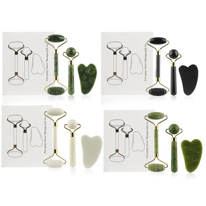 Kit 3 en 1 Rodillo de Jade + Gua Sha – Masajeador Facial para Ojos, Cuello y Rostro