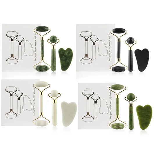 Kit 3 en 1 Rodillo de Jade + Gua Sha – Masajeador Facial para Ojos, Cuello y Rostro