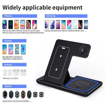Cargador Inalámbrico 15W 3 en 1 Plegable – Estación de Carga Rápida para iPhone, Apple Watch y AirPods
