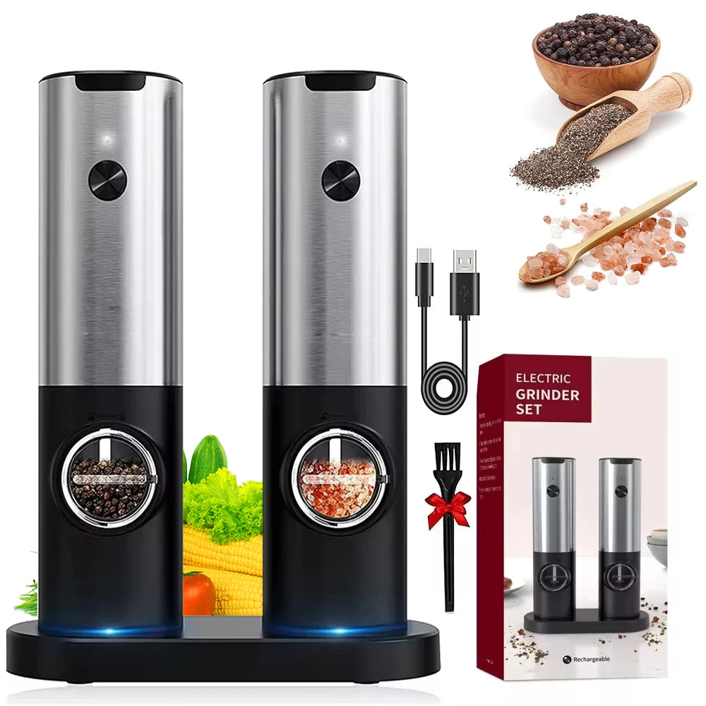 Set de Molinillos Eléctricos de Sal y Pimienta con Luz LED y Carga USB – Grosor Ajustable