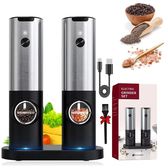 Set de Molinillos Eléctricos de Sal y Pimienta con Luz LED y Carga USB – Grosor Ajustable