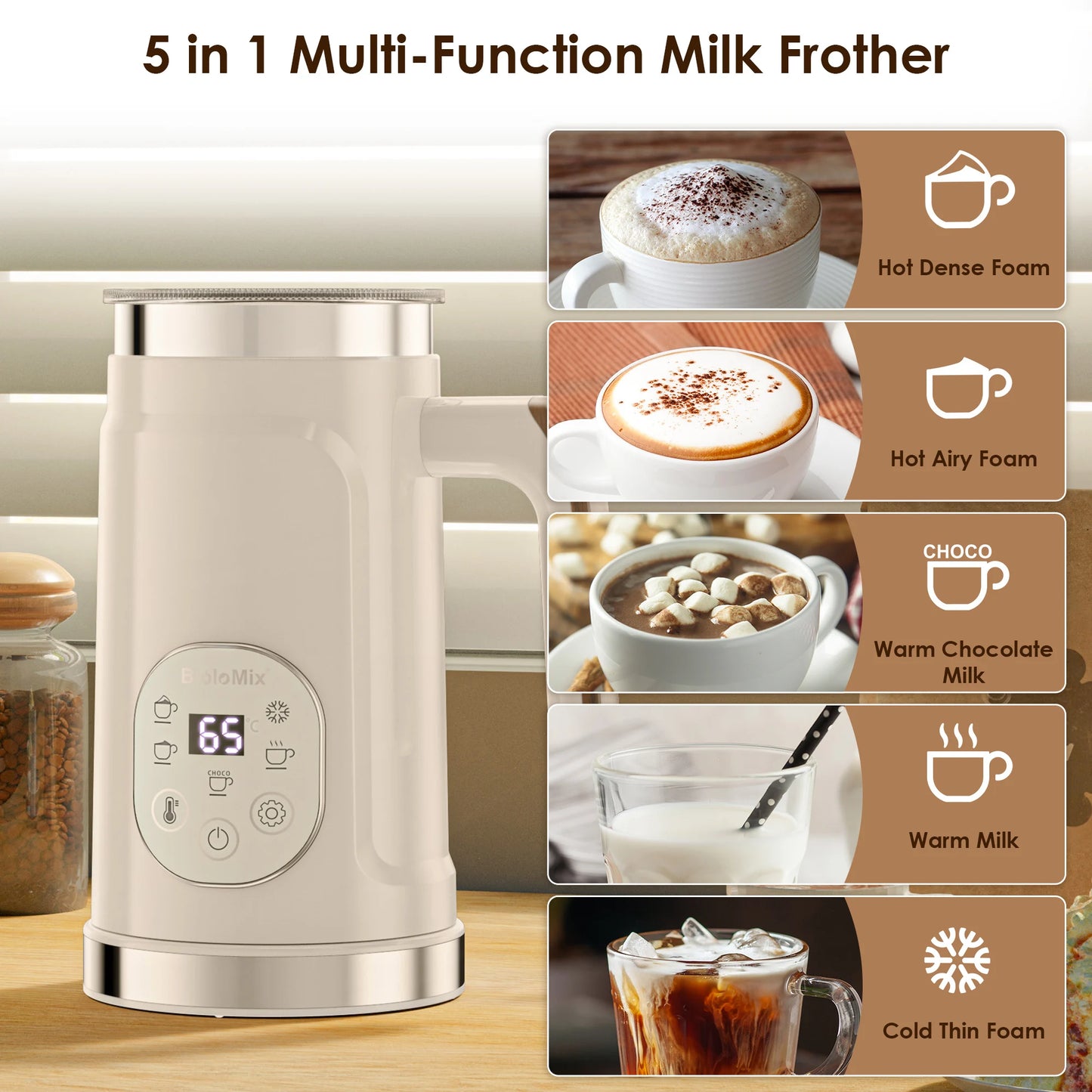 Espumador de Leche 5 en 1 BioloMix con Pantalla LED Táctil – Frío y Caliente